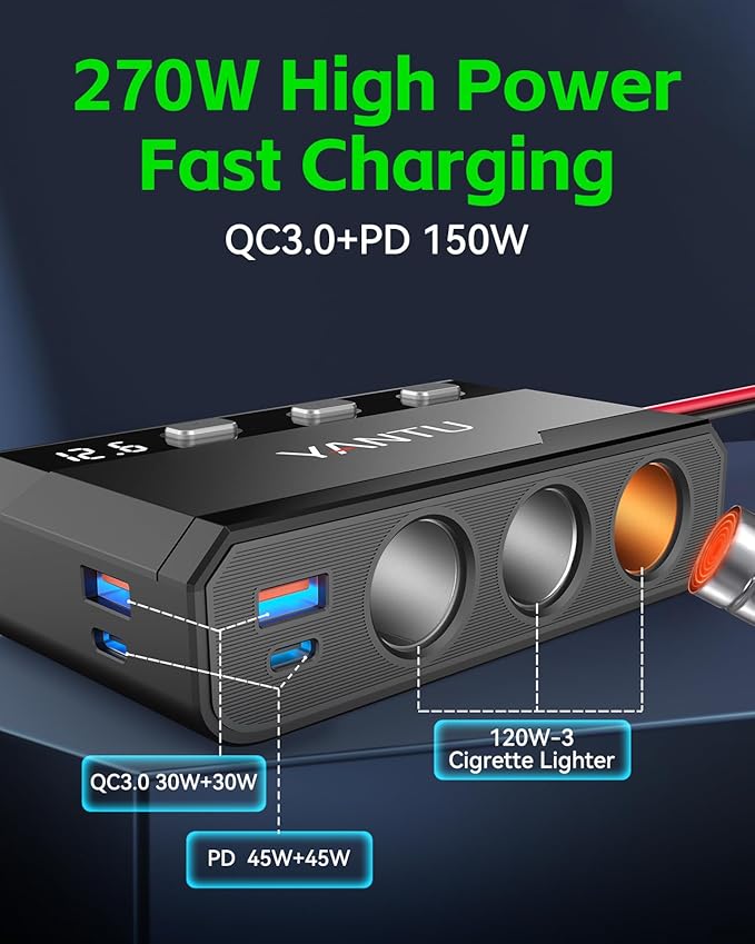 YANTU 270W Cigarette Lighter Adapter Splitter,QC3.0 & PD 150W Cigarette Lighter Socket with 12v USB Outlet/Plug and Outlet Eyelet Terminal,Double/Dual car USB Charger Multi Port with Switches