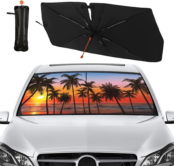 DOPINDU Palm Trees Sunset Car Windshield Sun Shade Umbrella Bendable Handle Foldable Tropical Beach Sunset Sunshade for Car Front Windshield Block UV Rays Keep Vehicle Cool 57"x30"