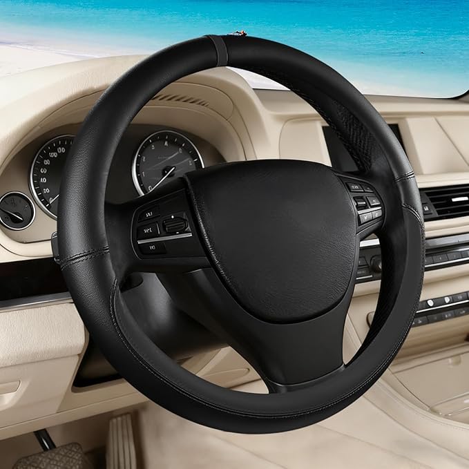 All Black Car Steering Wheel Cover, Nappa Leather, Bottom Color Blocking, Universal 14.5-15 Inch Leather Anti-Slip Breathable Auto Steering Wheel Covers for Men Women