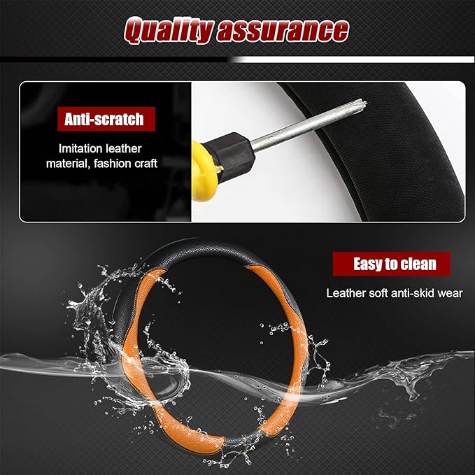 Steering Wheel Cover, Anti Slip Breathable Comfort PU Imitation Leather Cute Car Accessories for Women Girl, Universal Protector in All Season 15 inch Fit Most Car(Orange)