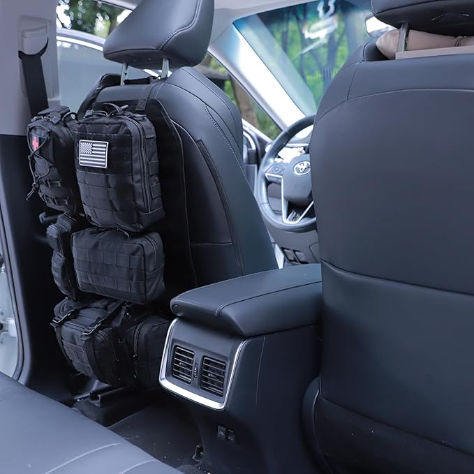 Universal Tactical Car Seat Back Organizer Bag Tactical Molle Vehicle Organizers Panel Vehicle Protector Organizers with 5 Detachable Pouches for Car (Upgraded A black)