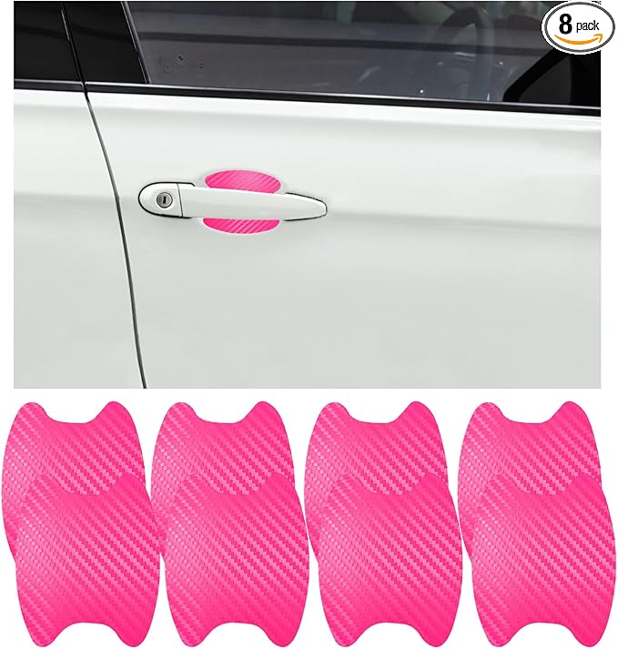 Ziciner 8 PCS Car Door Handle Sticker, Carbon Fiber Texture Auto Door Handle Protective Films, Anti-Scratches Door Side Handle Paint Guard, Universal Vehicle Accessories for Most Cars (Pink)