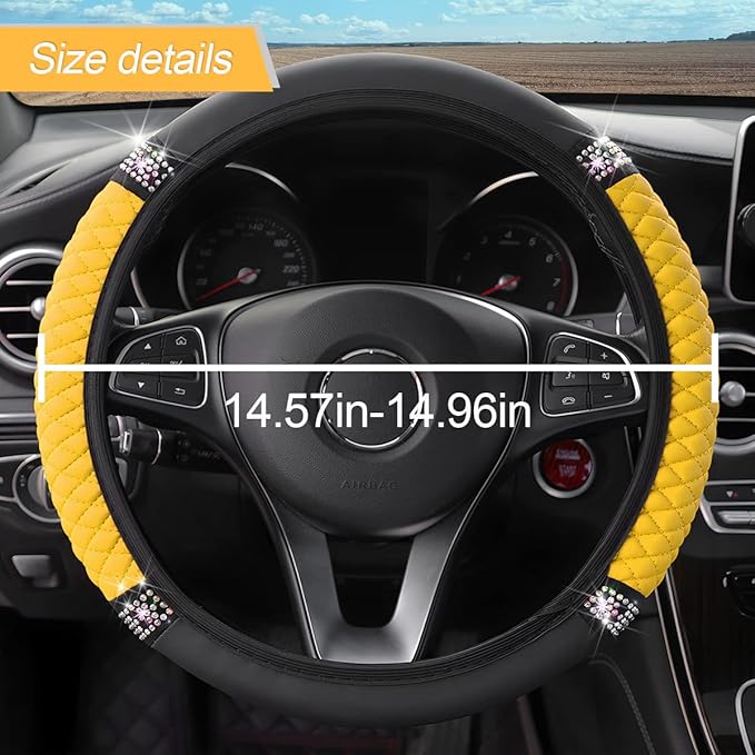 Bling Soft Leather Steering Wheel Cover, 15 Inch Colorful Rhinestones Auto Elastic Steering Wheel Protector, Sparkly Crystal Diamond for Women Girls, Car Accessories for Most Cars (Yellow)