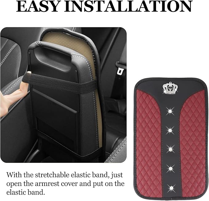 Bling Crown Car Center Console Cover, 12.7"×7.7" Armrest Cover for Cars, Waterproof Leather Arm Rest Box Pad Cushion, Universal Middle Console Cover Protector, Car Accessories (Wine Red)