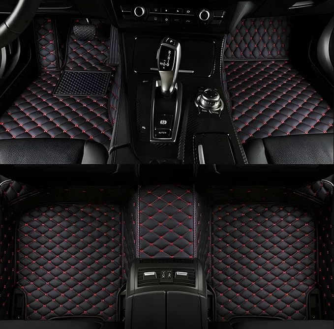 Custom Leather Car Mats, Vehicle-Specific Fit All-Weather Floor Mats, 100% Waterproof Anti-Slip Durable Protection for SUV Truck Sedan, Precision Tailored Protection (Black red)
