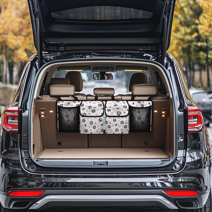 Cat Paw Prints Car Trunk Organizer Bag, Foldable Car Back Seat Storage Bag with 4 Pockets Car Interior Accessories for SUV MPV Sedans Pickup Jeep Trucks