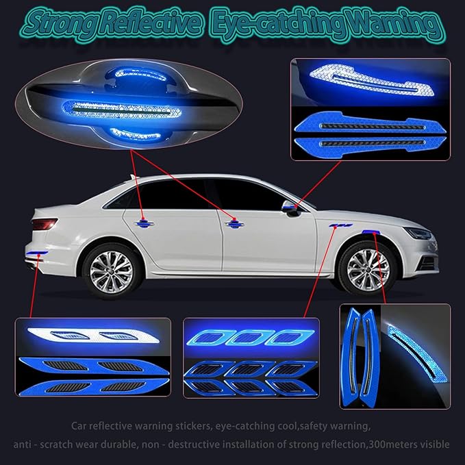 16 Piece Reflective Car Sticker Set Mirror Warning Sticker Car Door Handle Protector Reflective Self-Adhesive and Scratch Free Paint Protective Film (Blue)
