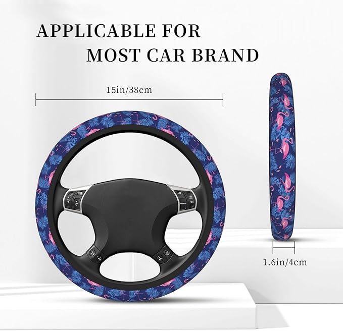 Pink Flamingos Palm Leaves Steering Wheel Cover for Women Men Girls, Accessories Decor Thickened Anti-Slip Auto Steering Wheel Covers Protector Universal Fit 15 Inch for Cars, Truck, SUV