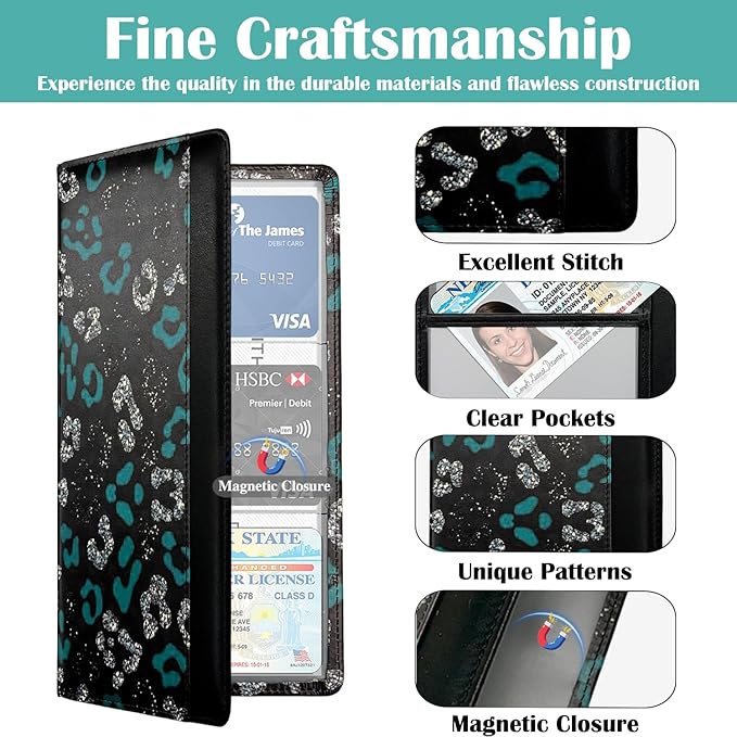 FinestHouse Car Registration and Insurance Holder with Magnetic Closure, Universal Document Organizer for License, Insurance Cards & Glove Box Storage (Leopard-Green and Silver)