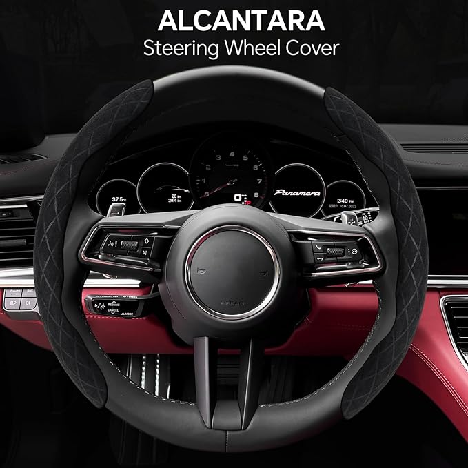 PAUUOOA 2 Piece Alcantara Steering Wheel Cover - Split Sport Design for D & O Shape Wheels, Soft Touch · Anti-Slip Grip · All Season Comfort · Durable Luxury Material for Performance Cars