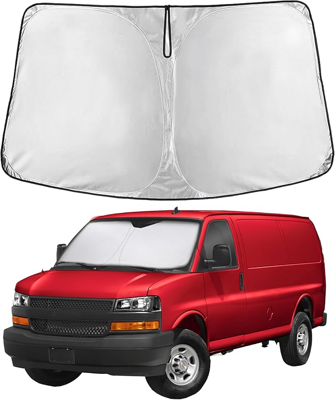 EcoNour Windshield Sun Shade Compatible for Chevrolet Express 1996–2026 | Custom Fit Van Front Window Sunshade | Foldable UV & Heat Blocker | Reflective Sun Visor