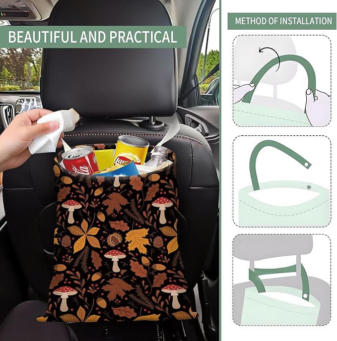 AXZOPDE Cute Car Trash Can, Hanging Canvas Car Back Seat Organizer and Storage Bag, Funny Car Trash Bag for Travelling, Outdoor Cute Boho Mushroom Leaf