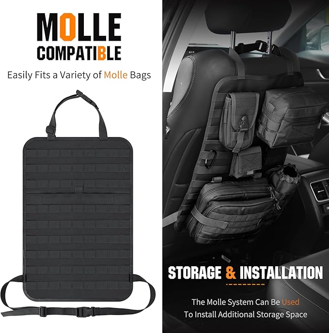 IronSeals 2 Pack Car Seat Back Organizer, Tactical Molle Panel Sag Proof Vehicle Seat Cover Protector Nylon Car Seat Back Hanger Bag Pad
