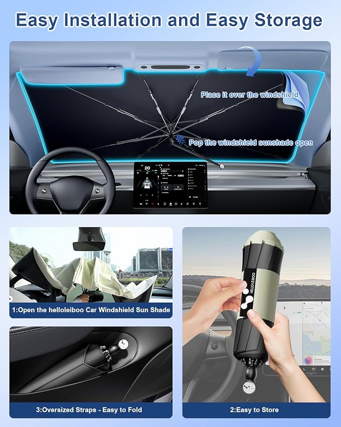 helloleiboo [2025 Upgraded] Car Windshield Sun Shade Umbrella 53"x 30" Windshield Sun Shade Foldable 5-Layer Thickened Vinyl Coating Reflective Polyester Blocks Heat & UV Rays for Small Car