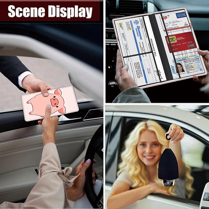 Yuxcfhjfe Car Registration and Insurance Holder, PU Leather Auto Document Holder for Men&Women, Vehicle Glove Box Compartment Organizer with Magnetic Shut for Driver's License, Pink Pig Pattern