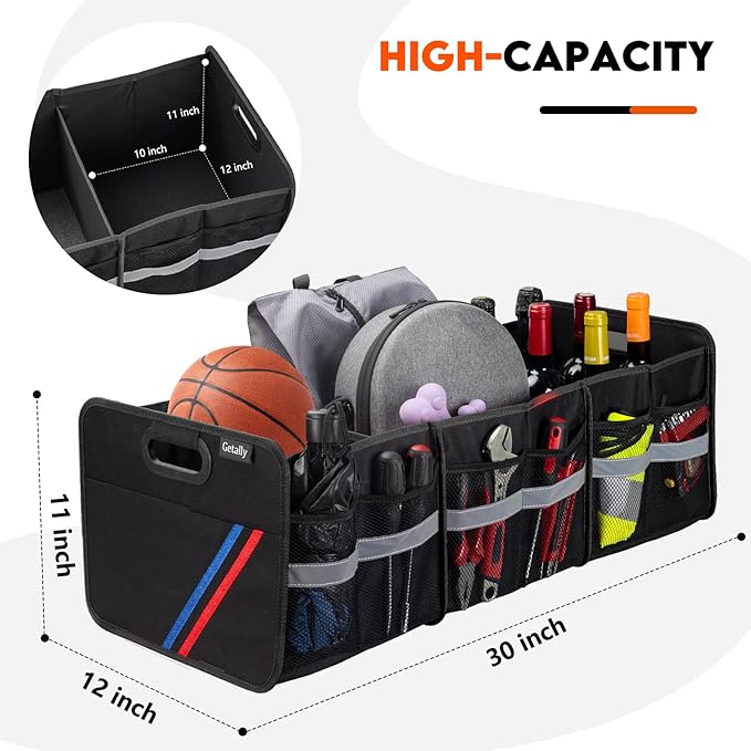 Getally Trunk Organizer for Car， Collapsible Trunk Organizer with Multi Pockets, 3 Compartments Storage Organizer for Car SUV, Truck, Sedan