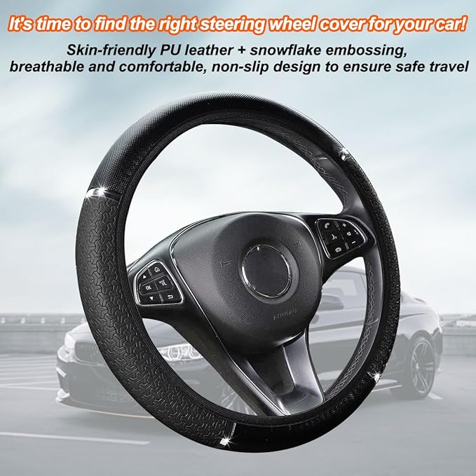 Car Steering Wheel Cover, PU Leather Elastic Vehicle Steering Wheel Protector, 14.5-15 Inches Non Slip Automotive Interior Steering Wheel Accessories, Universal Fit (Black)