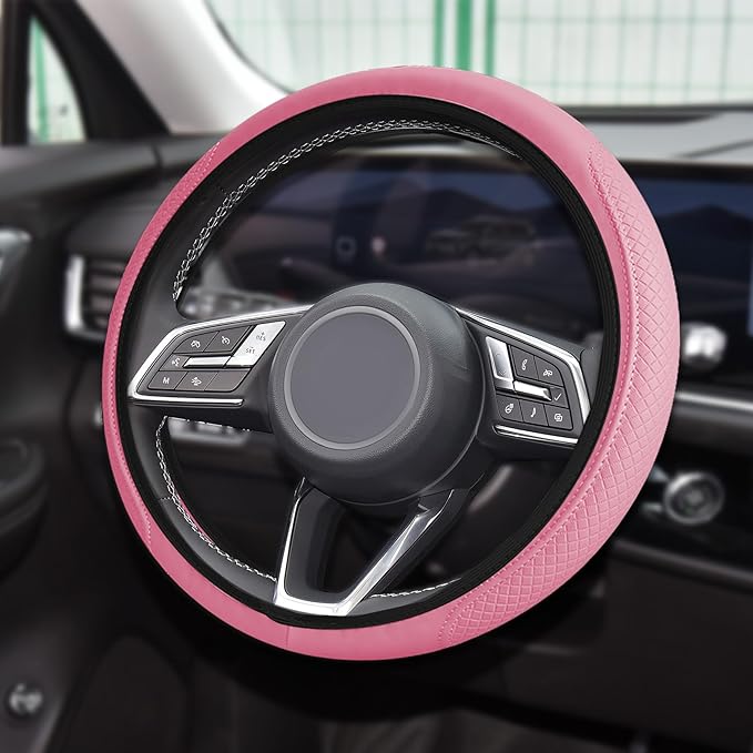Car Steering Wheel Cover, Universal 14.5-15 Inch Pink Leather Steering Wheel Wrap with Better Sport Grip for Men Women, Anti-Slip Breathable Car Interior Accessories for Most Vehicles (Pink)