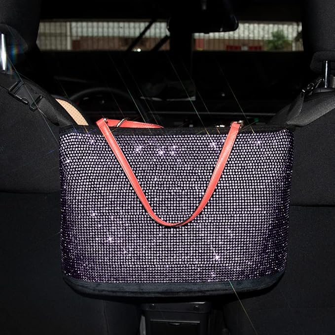 eing Crystal Car Organizers and Storage Purse Holder, Car Seat Back Net Handbag Accessories with Bling Diamonds for Women, Car Pet Barrier for Dogs and Kids, Purple