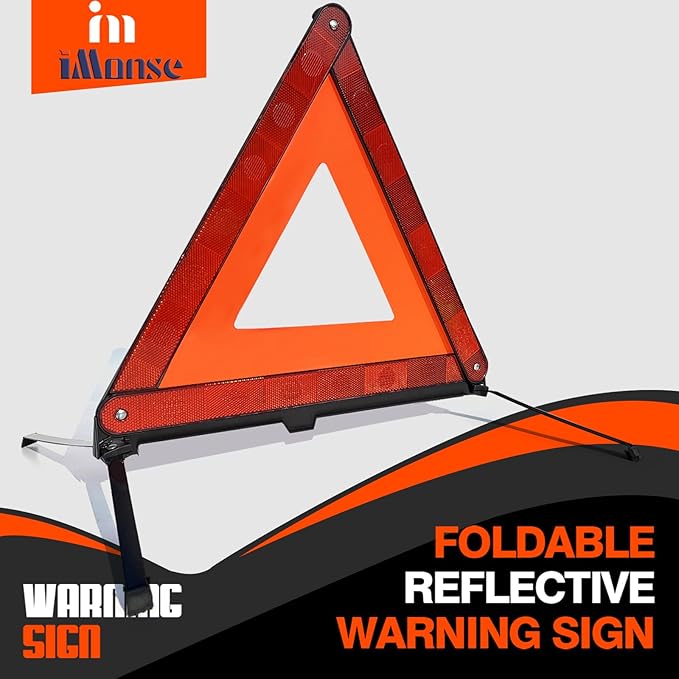 iMonse Warning Safety Triangle Kit, Emergency Roadside Warning Reflective Triangle 2 Packs with 1 LED Road Flare Light, Foldable with Storage Case for Roadside Breakdowns Emergencies