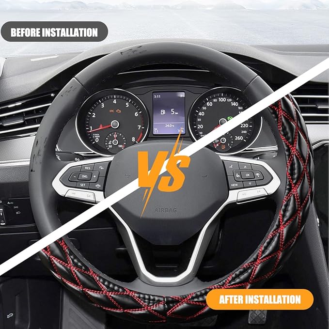 Car Steering Wheel Cover, 15" Soft Rubber Foldable Vehicle Steering Wheel Protector with Anti-Slip Lining, Automobile Interior Decoration Accessories, Universal for Most Vehicles (Black/Red)