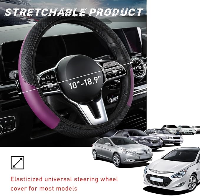 Car Steering Wheel Cover, 15 Inch Leather Breathable Auto Steering Wheel Protector, Comfortable Non-Slip Vehicle Steering Wheel Covers, Universal Interior Car Accessories (Black+Purple, AD)