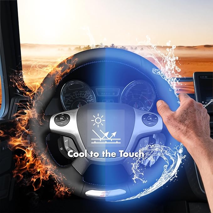MEWANT Hand Stitch Steering Wheel Cover Fit for Ford Focus ST 2013 2014 Custom DIY Hand Sewn Black Microfiber Leather Steering Wheel Wrap Interior Accessories