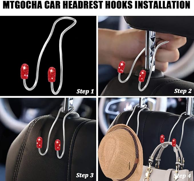 MTGOCHA Car Headrest Hooks Car Purse Hook(2 Pack),Bling Car Bag Hooks, Car Hook for Purses and Bags Cute Metal Car Purse Holder Hook, Bling Car Accessories for Women, Red
