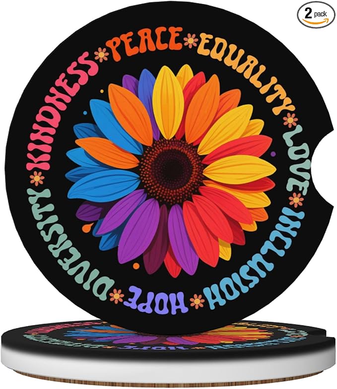 HUWAAI Kindness Peace Love Hope Car Cup Holder Coasters 2 Pack Universal 2.63 Inch Anti Slip Ceramic Absorbent Coaster with Cork Base and Finger Notch Cute Car Accessories Interior for Women