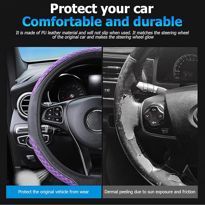 Elastic Car Steering Wheel Cover, 14.5-15 Inch Leather Non Slip Vehicle Steering Wheel Protecter Without Inner Ring, Auto Interior Protection Accessories, Universal Fit (Purple)