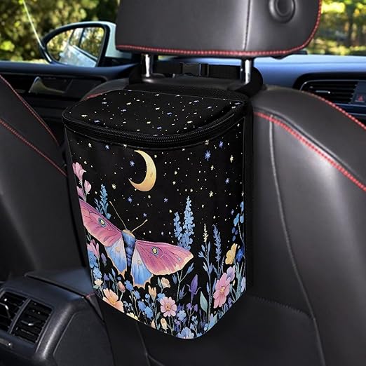 Butterfly Daisy Print Car Trash Can with Lid Cars Trash Bag Bin Hanging Waterproof Garbage Cans Leak Proof Vehicle Trash Can Multipurpose Storage Container for Back Seat
