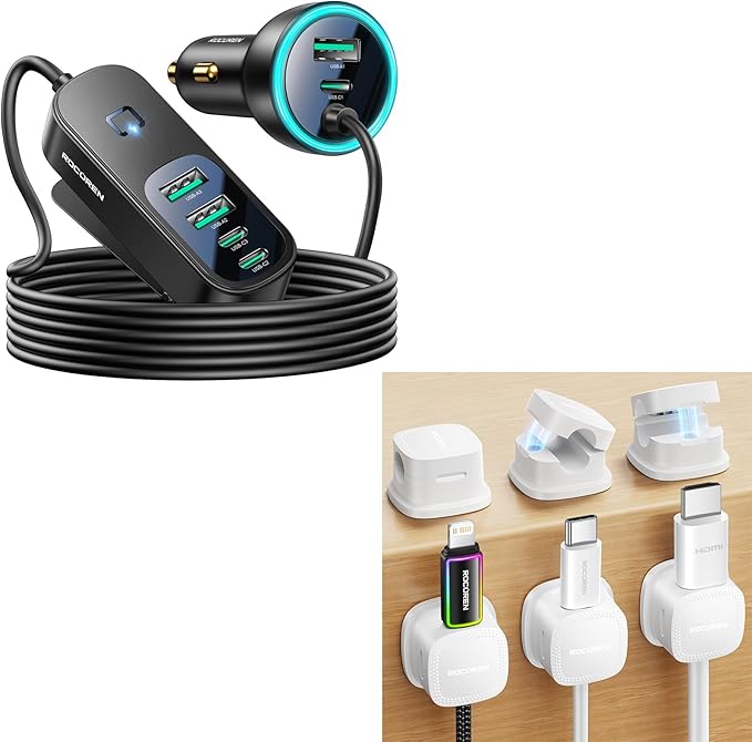 Rocoren 105W 6-Port Multiport Car Charger, Car Travel Essentials for Road Trips with 5FT Cable, 6-Pack Magnetic Cable Clips Cord Organizer-Cable Smooth Adjustable for Desktop, Home Office, Car