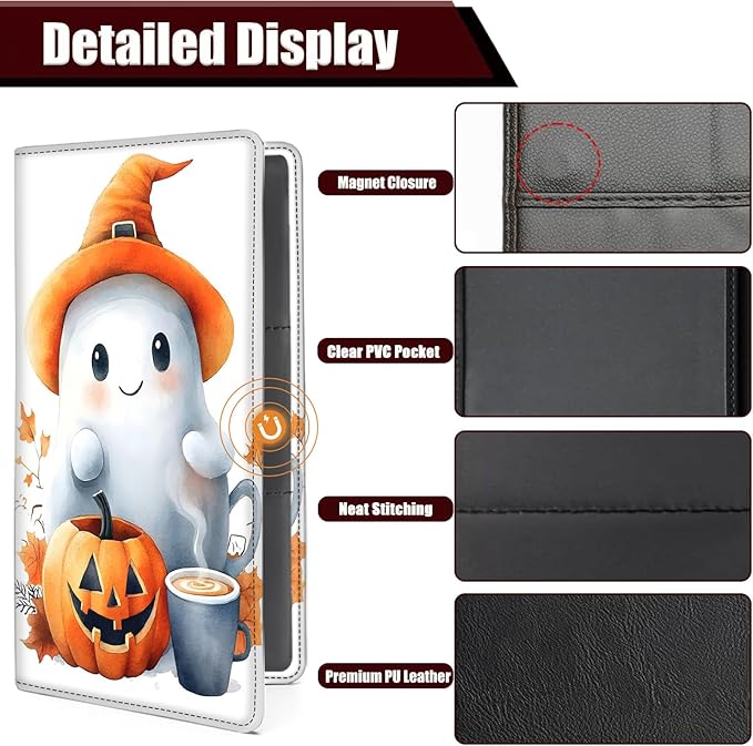 Car Registration Holder, PU Leather Vehicle Glove Box Organizer for Driver License, Document, Car Insurance Holder with Magnetic Shut, Auto Paperwork Wallet Case Accessories, Cute Ghost Pumpkin
