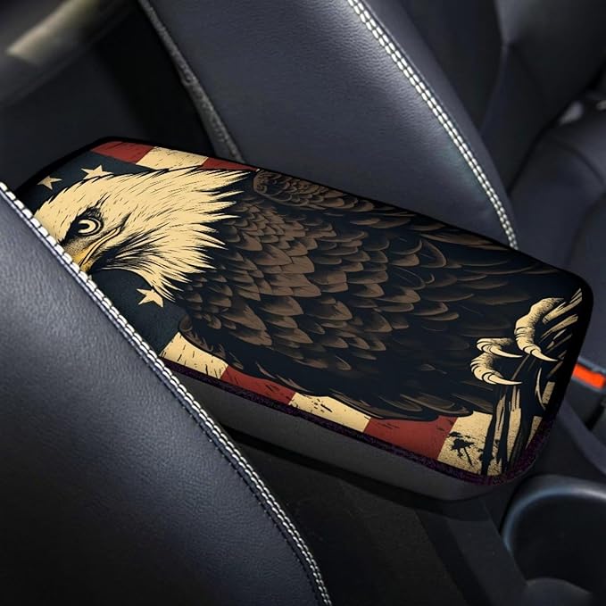 Car Center Console Pad, Universal Waterproof Car Armrest Seat Box Cover, Car Interior Accessories for Most Vehicle SUV Truck Vintage American Flag Eagle Car Armrest Pad