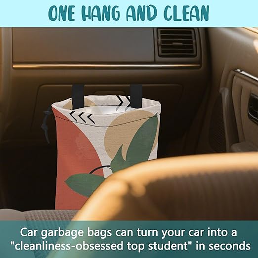 KXWQTRDD Car Garbage Bag Vintage Ink Floral and Geometric Drawstring Car Trash Bag Hanging for Back Seat with Adjustable Buckle Canvas Vehicle Trash Can Easy-to-Install