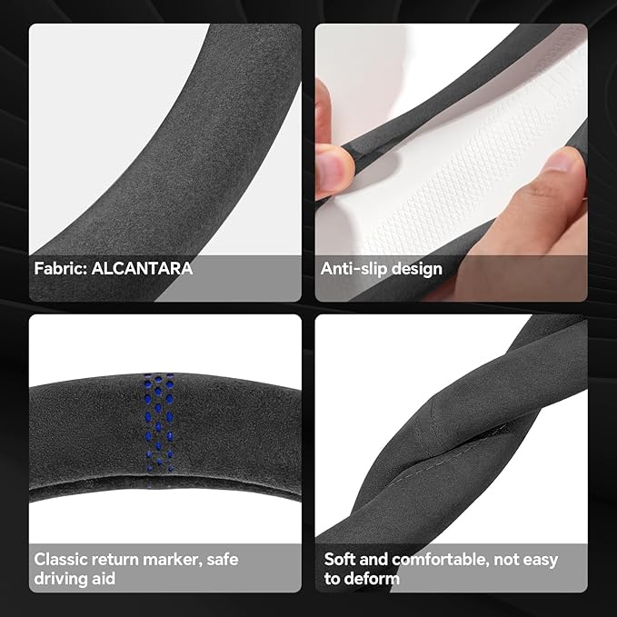 PAUUOOA Alcantara Sports Steering Wheel Cover 14.5" to 15" Fit - Anti-Slip Comfort Grip, Durable Soft Suede-Feel Luxury Material for Men Drivers | Fits Sports Cars, Luxury Cars, Sedans, SUVs and EV