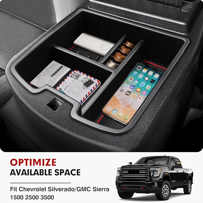 Autorder Center Console Organizer for 2007-2014 Chevy Silverado Tahoe Suburban Avalanche/GMC Sierra Yukon Accessories - Floor Mounted Center Console Only - Black & Red Slip Mats