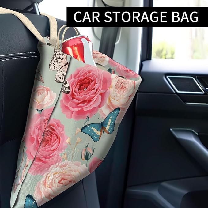 ABUIFDK Car Trash Can, Cute Car Trash Bag, Hanging Car Organizer and Storage Bag, Trash Bin for Car Accessories, Vehicle, Travelling, Camping Cute Flower and Butterfly