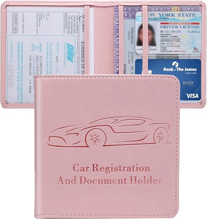 Registration and Insurance Card Holder, Vehicle Glove Box Car Organizer with Magnetic Closure, Interior Car Accessories for Documents, Cards, License Storage, 1-Pack Pink