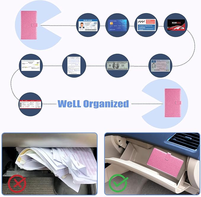 Car Registration and Insurance Holder Vehicle Glove Box Organizer Leather Car Document Holder for Driver's License, ID, Key Information Cards with Magnetic Closure, Glitter Pink