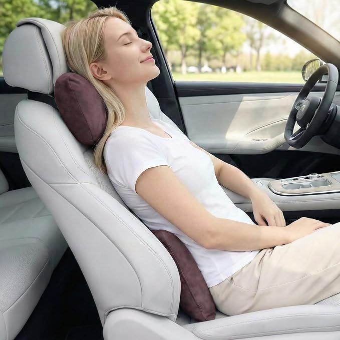 2PCS Car Pillow for Car Neck Pillow for Driving Seat Leather Neck Support Soft Cushion Back Support Head-Rests for Vehicle Sleeping with Elastic Adjustment Strap (Coffee, Head and Lumbar)
