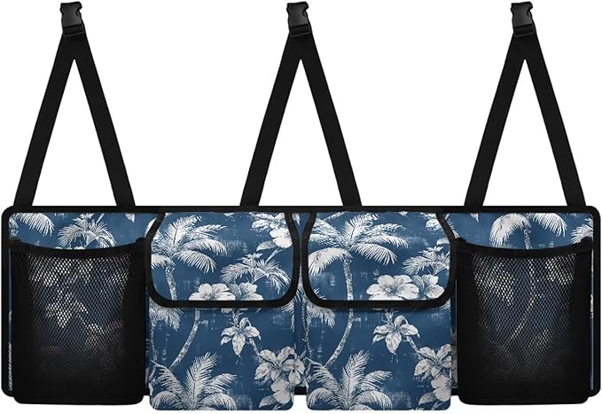 Car Trunk Organizer, Backseat Hanging Organizer with Pockets, Super Capacity -Trunk Storage Bag Decoration for SUV,Truck,Van,Blue White Palm Tree Floral Tropical