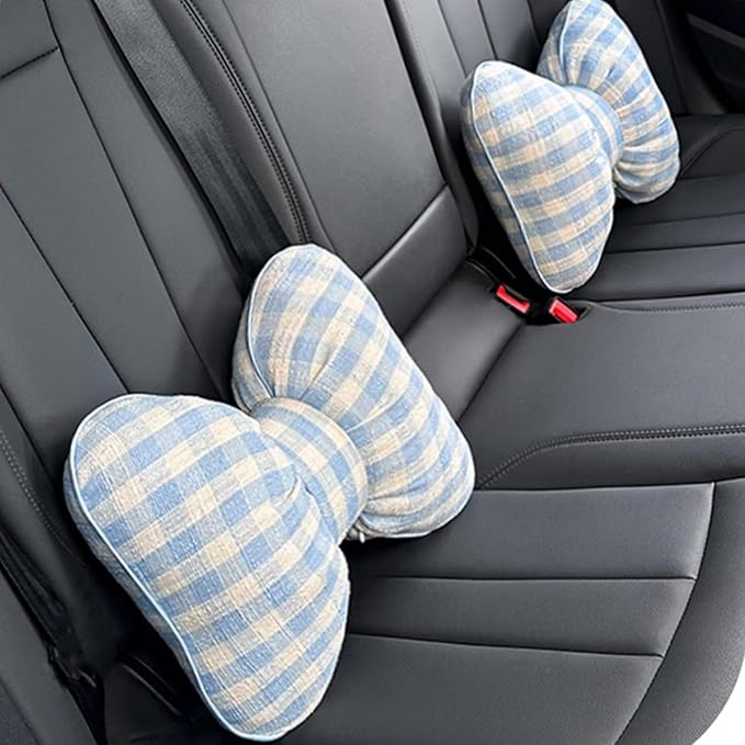 Car Accessories Plaid Bow Headrest Lumbar Pillow 4PCs Set Cotton Linen Elegant Soft Car Seat Cushions for Daily Commuting Trave (Blue Plaid,Headrest 2pcs)