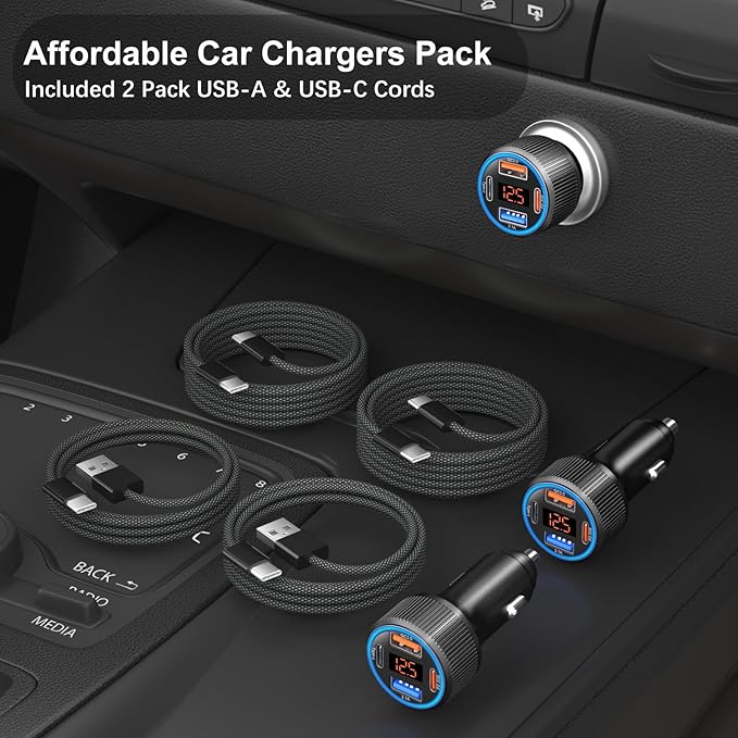 65W 4 Port Super Fast Type C Car Charger for Samsung S25 S24 S23 Ultra A53 A16, Multi Port PD/QC 3.0 Fast Charging Cigarette Lighter USB Charger with Voltage Meter++4 Pack USB C Cables
