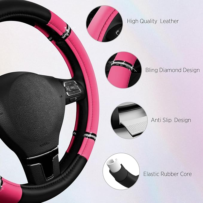 Road Comfort Leather Steering Wheel Cover – Premium Anti-Slip Car Steering Wheel Grip Cover – Universal Fit for 14.5”–15.5” Cars, Trucks & SUVs - Hotpink