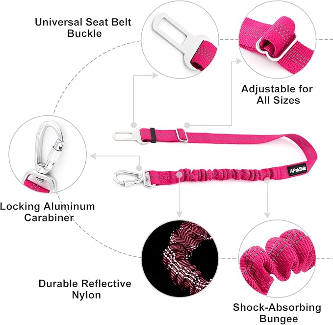 APakBak Dog Seat Belt for Car, Adjustable Dog Car Harness Seatbelt for Small Medium Large Dogs, Heavy Duty Travel Safety Restraint with Locking Aluminum Hook & Reflective Nylon Strap, Pink