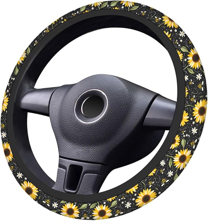 Swono Sunflower Steering Wheel Cover Cartoon Sunflower and Bee On The Black Anti-Slip Car Wheel Wrap Compatible with Most Auto Cars Trucks with 15 Inch Steering Wheels