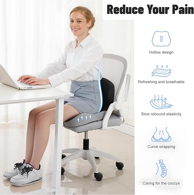 Memory Foam Seat Cushion for Truck Driver Office Chair Cushion Home Chair Cushion Car Seat Cushion Non Slip Pad Sitting Ergonomic Cushions for Office Workers Car Drivers (Black & Gray)