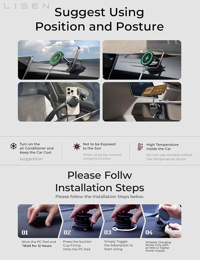 LISEN 15W Magsafe Car Mount Charger， [ SuctionPro ] 15W Wireless Car Charger, Suction Cup Phone Holder,360° Vacuum Magnetic Phone Holder for iPhone 17 Pro Max Air 17-12,Samsung S25 with MagSafe Case