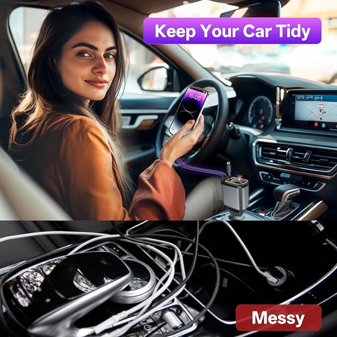 Retractable Car Charger, 4 in 1 Fast Charging Car Charger USB-C & USB-A Compatible with iPhone 16/15/14/13/12/11,Galaxy,Pixel